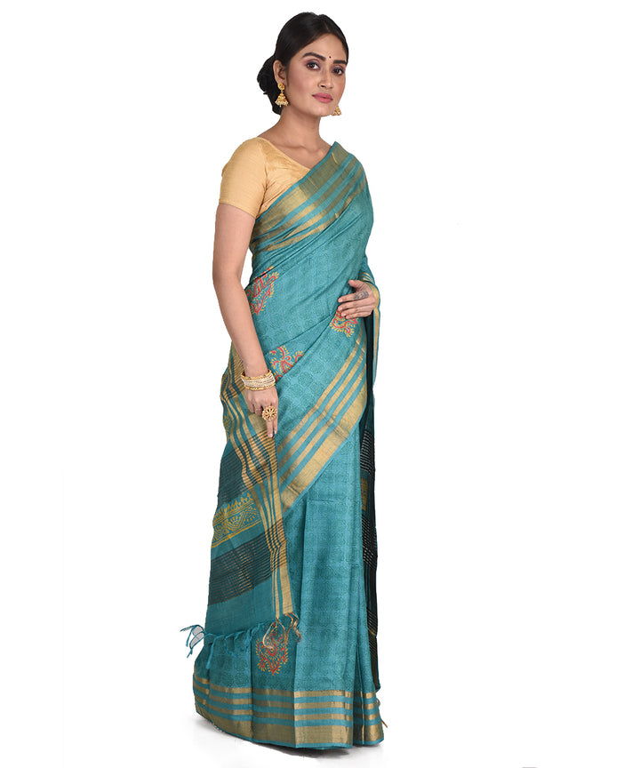 Cyan green block print tussar silk bengal sari