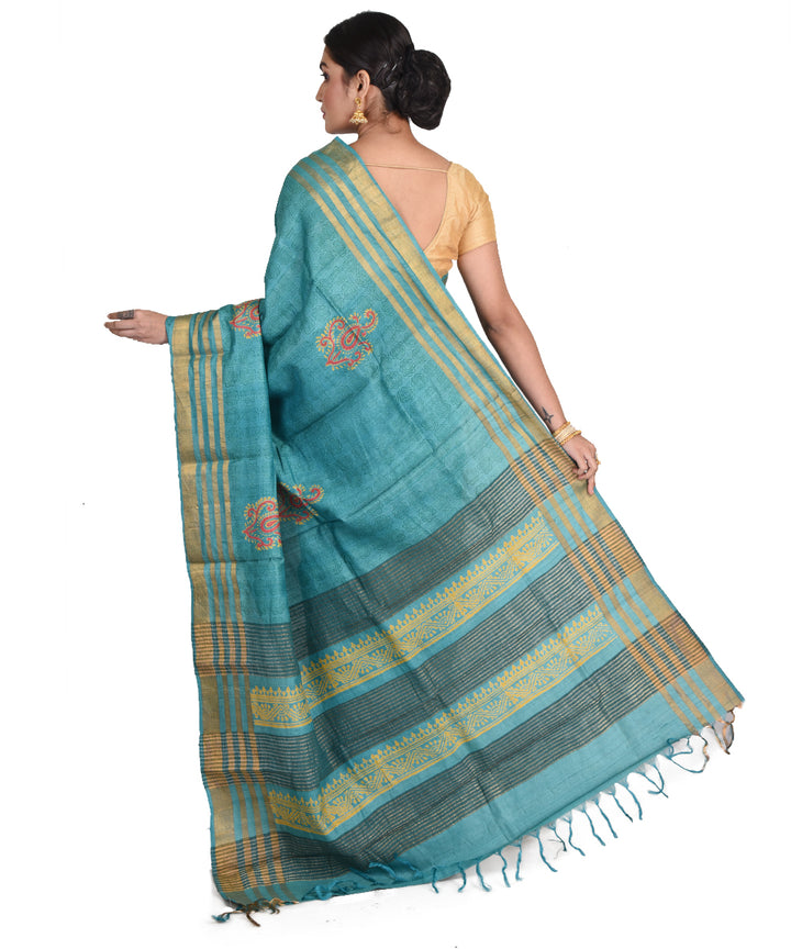 Cyan green block print tussar silk bengal sari