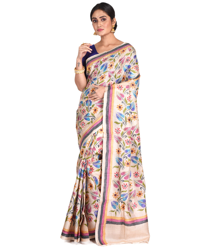 Beige multicolor hand embroidery kantha stitch tussar sari