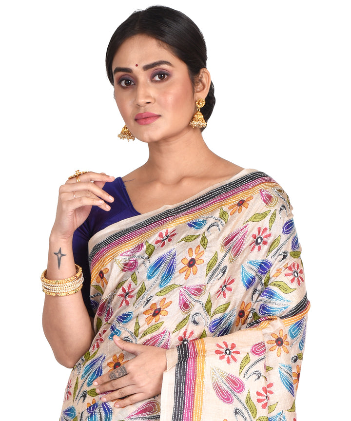 Beige multicolor hand embroidery kantha stitch tussar sari