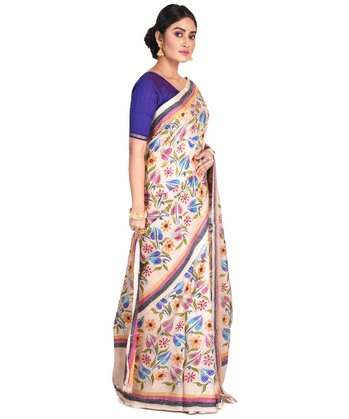 Beige multicolor hand embroidery kantha stitch tussar sari