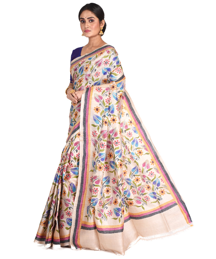 Beige multicolor hand embroidery kantha stitch tussar sari
