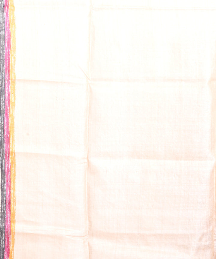 Beige multicolor hand embroidery kantha stitch tussar sari