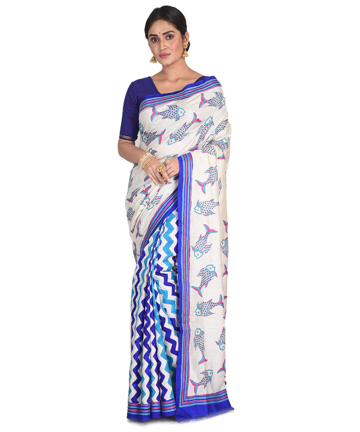 White blue hand embroidery kantha stitch silk bengal sari