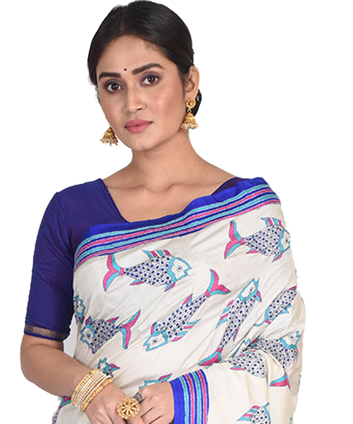 White blue hand embroidery kantha stitch silk bengal sari