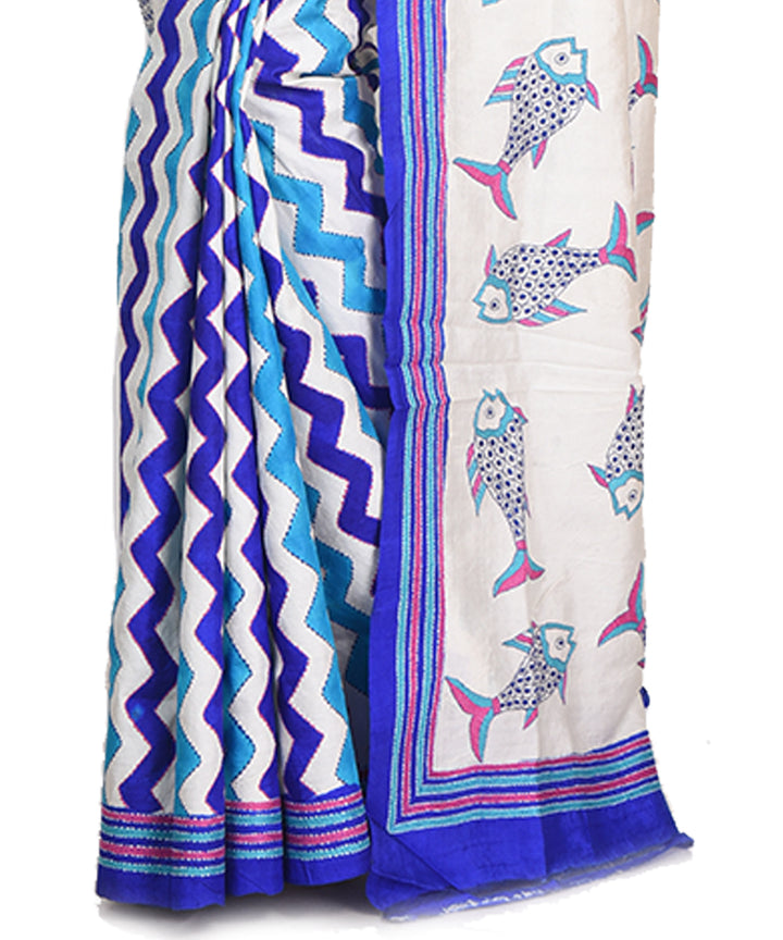 White blue hand embroidery kantha stitch silk bengal sari