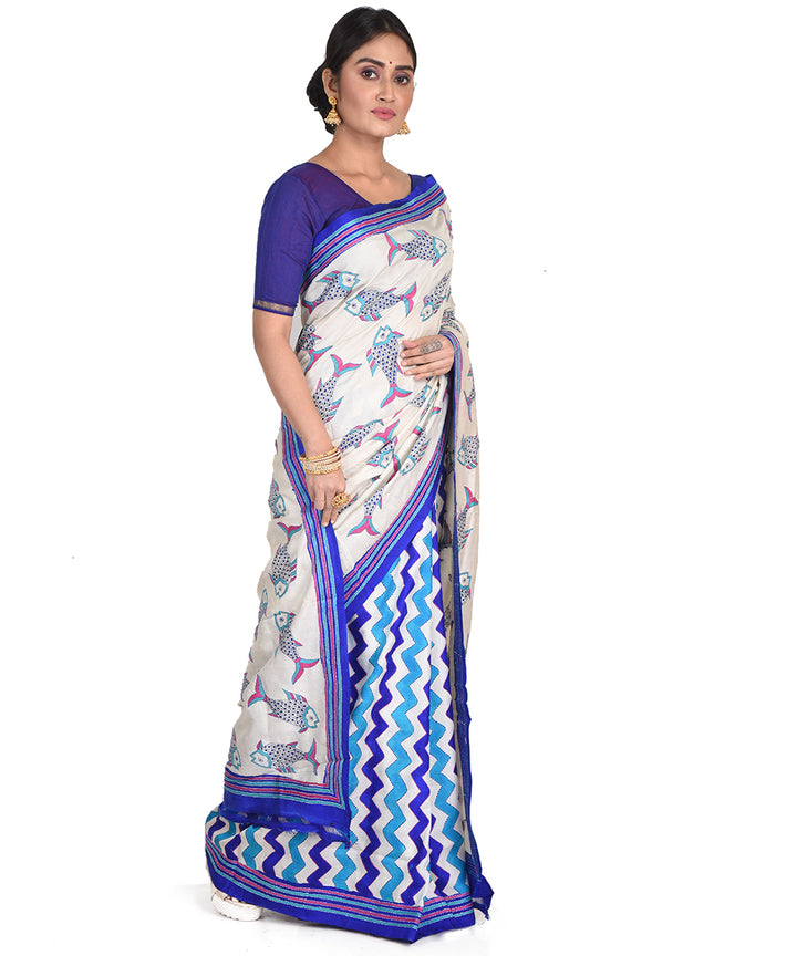 White blue hand embroidery kantha stitch silk bengal sari