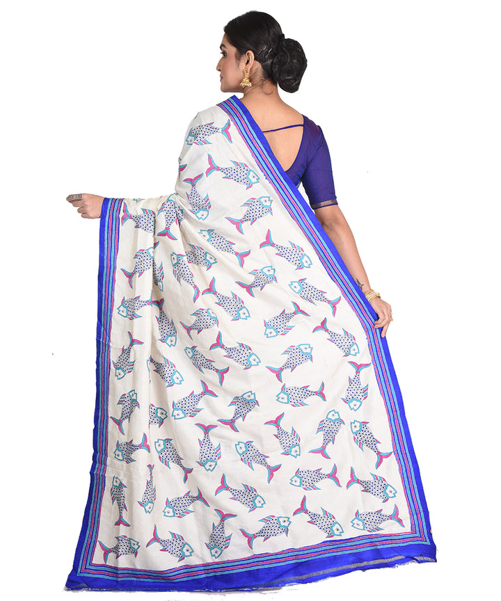 White blue hand embroidery kantha stitch silk bengal sari