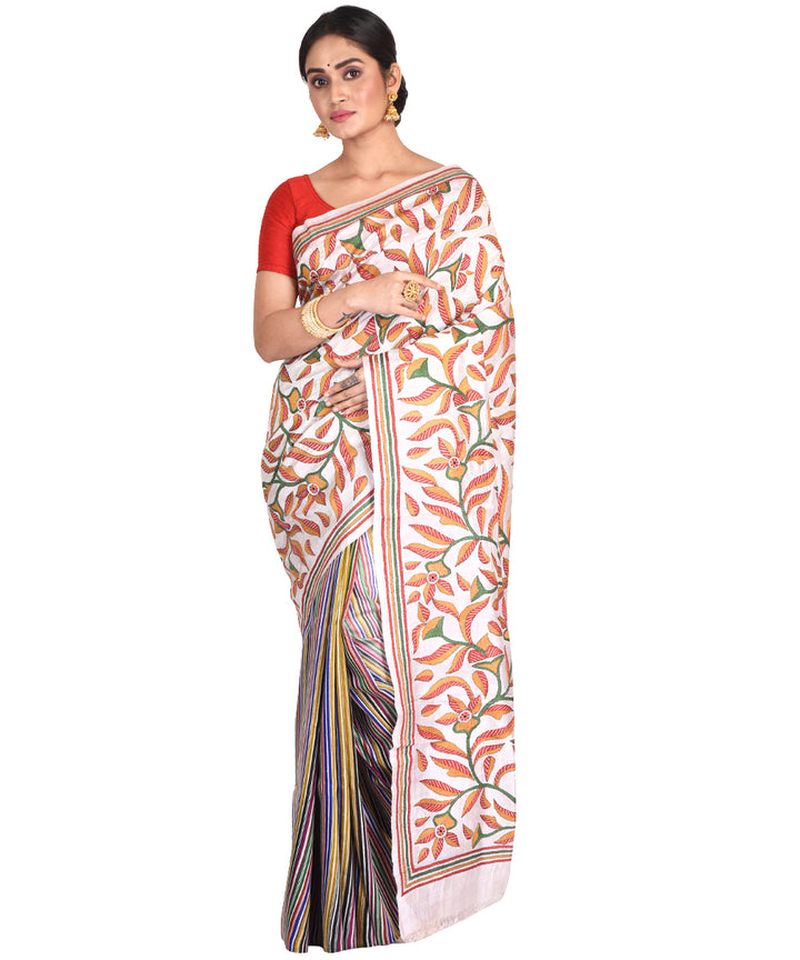 Multicolor hand embroidery kantha stitch silk bengal sari
