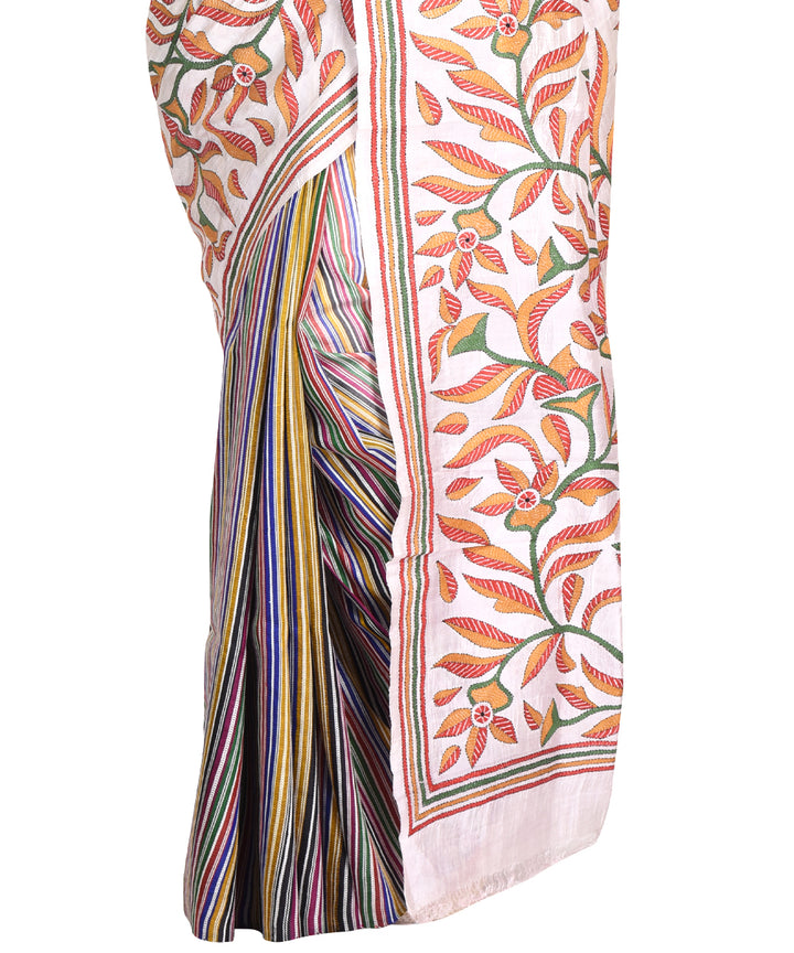 Multicolor hand embroidery kantha stitch silk bengal sari