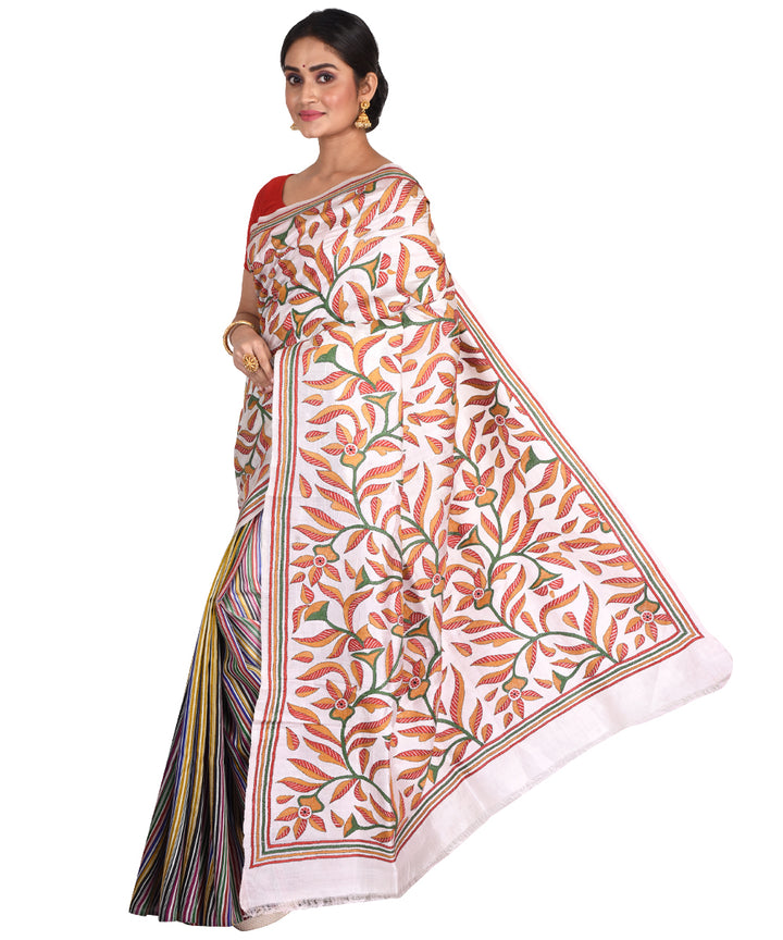 Multicolor hand embroidery kantha stitch silk bengal sari