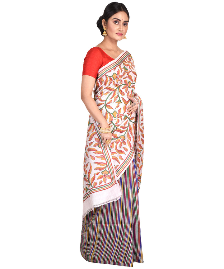 Multicolor hand embroidery kantha stitch silk bengal sari