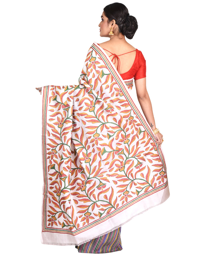 Multicolor hand embroidery kantha stitch silk bengal sari