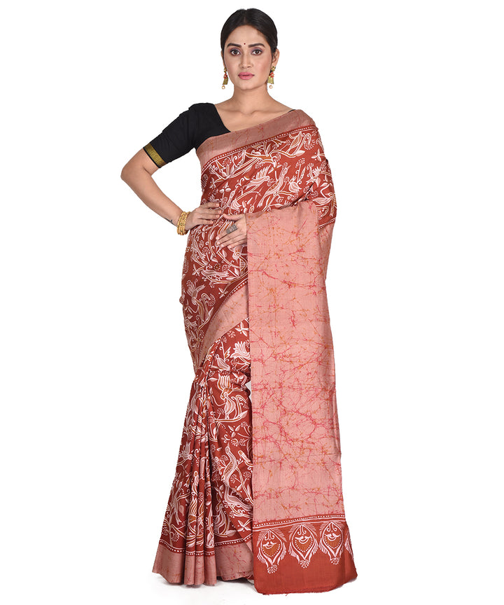 Brown batik tie dyed silk bengal sari