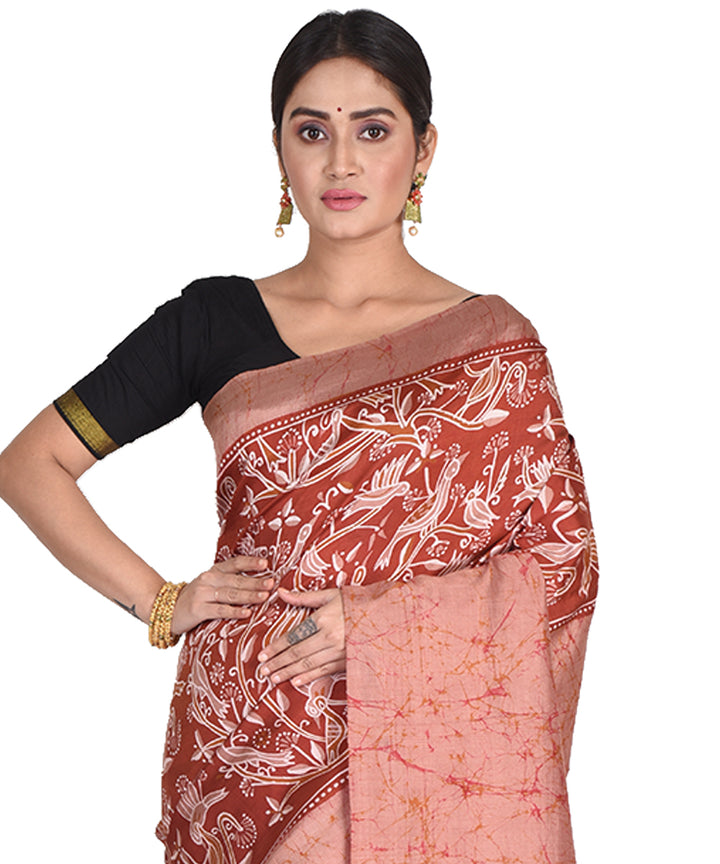 Brown batik tie dyed silk bengal sari