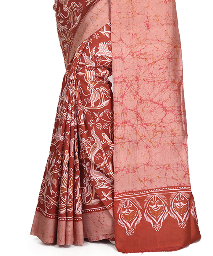 Brown batik tie dyed silk bengal sari