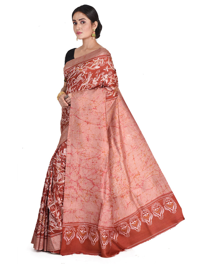 Brown batik tie dyed silk bengal sari