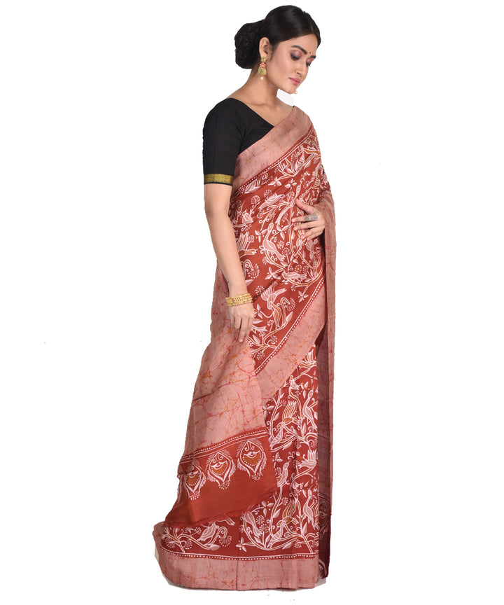 Brown batik tie dyed silk bengal sari