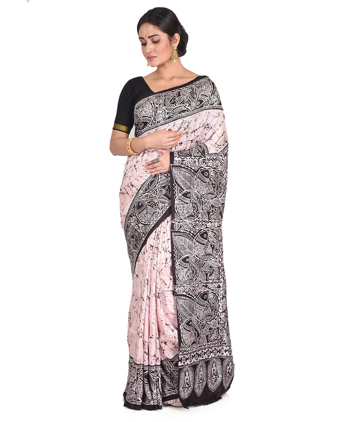 Beige black batik tie dyed silk bengal sari