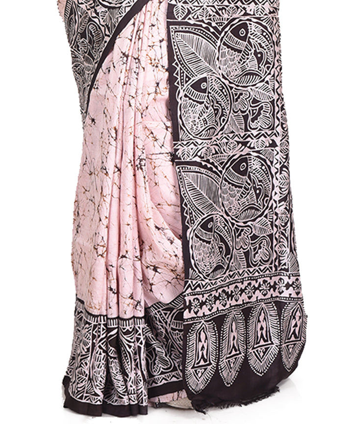 Beige black batik tie dyed silk bengal sari