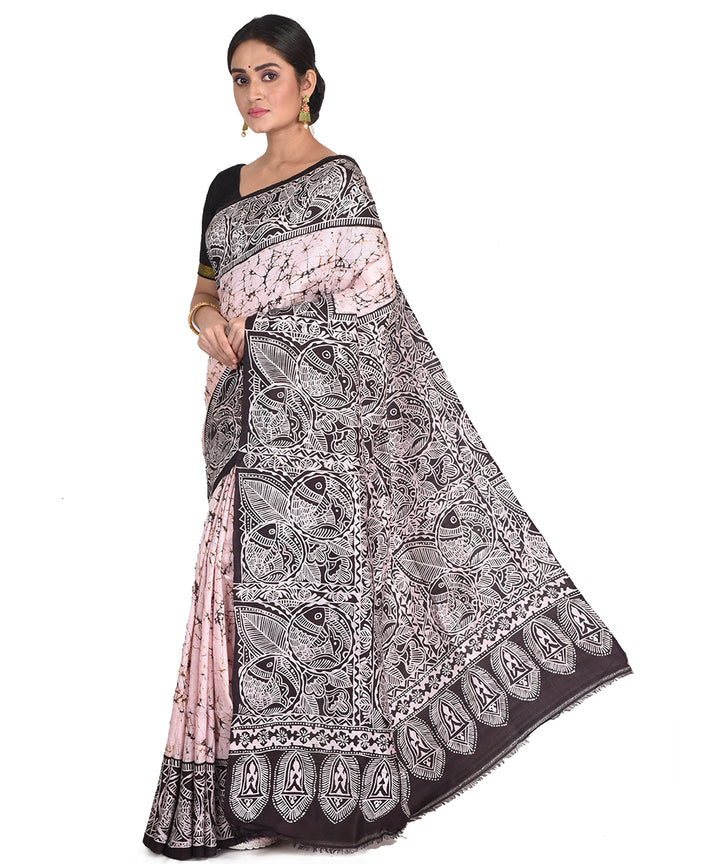 Beige black batik tie dyed silk bengal sari