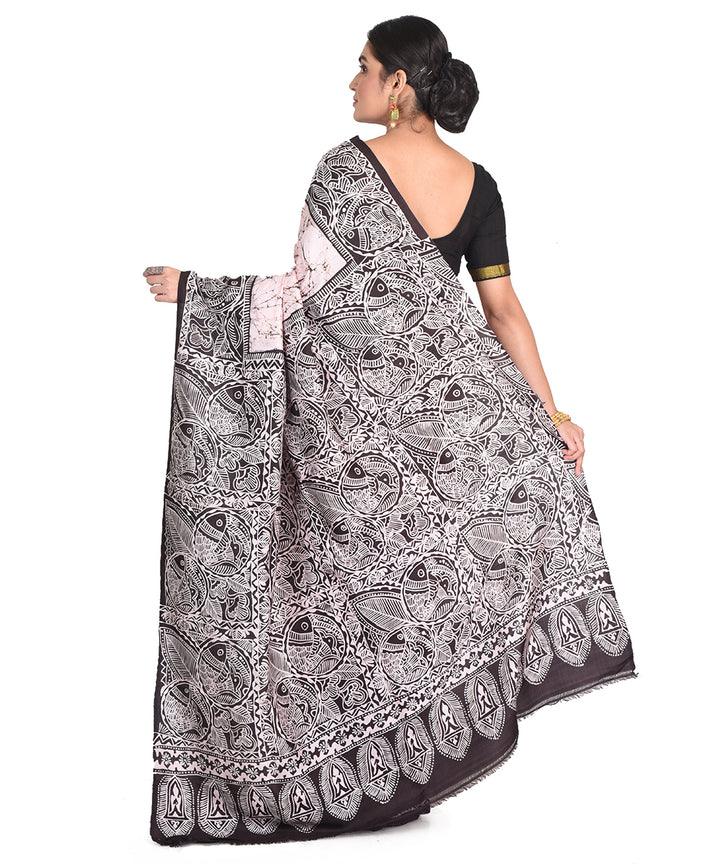 Beige black batik tie dyed silk bengal sari