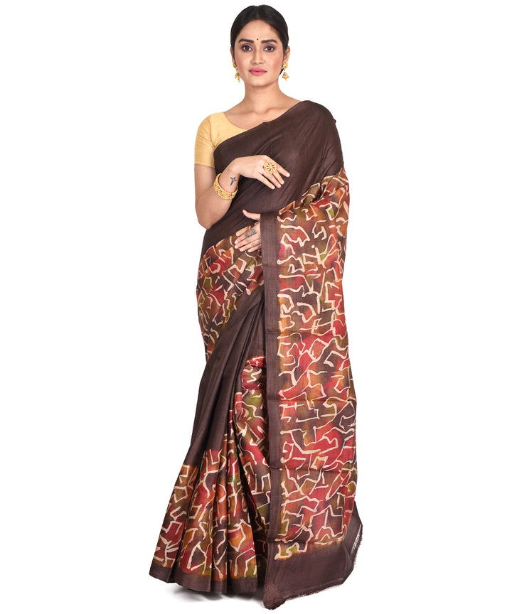 Black multicolor batik tie dyed silk bengal sari