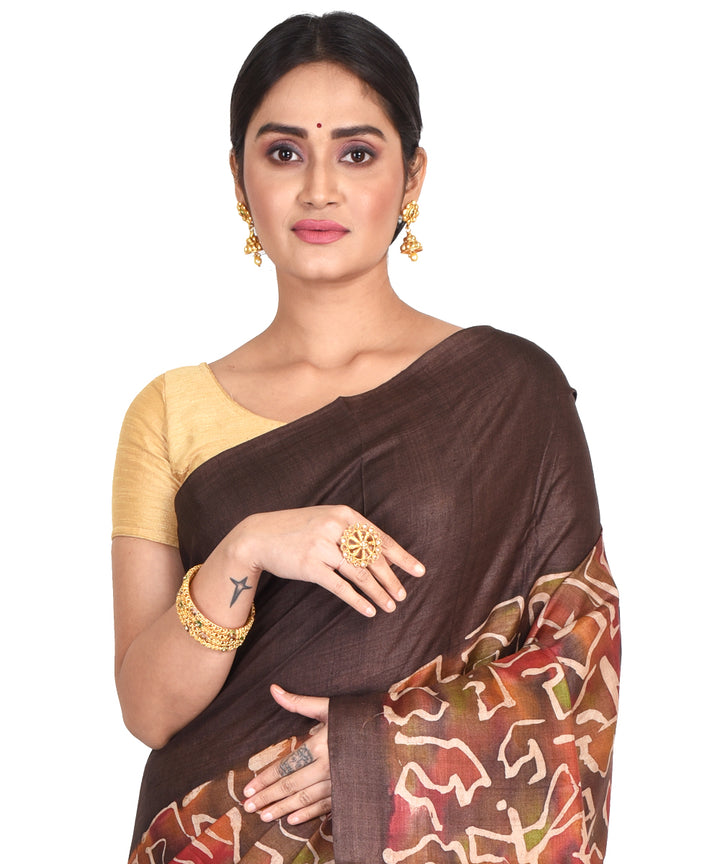 Black multicolor batik tie dyed silk bengal sari