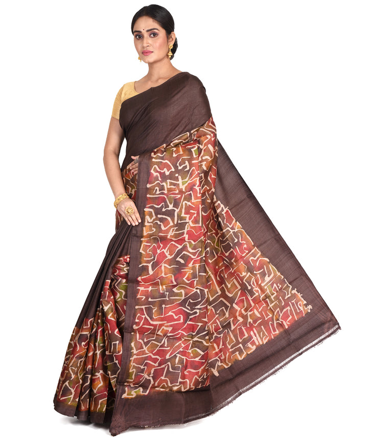 Black multicolor batik tie dyed silk bengal sari