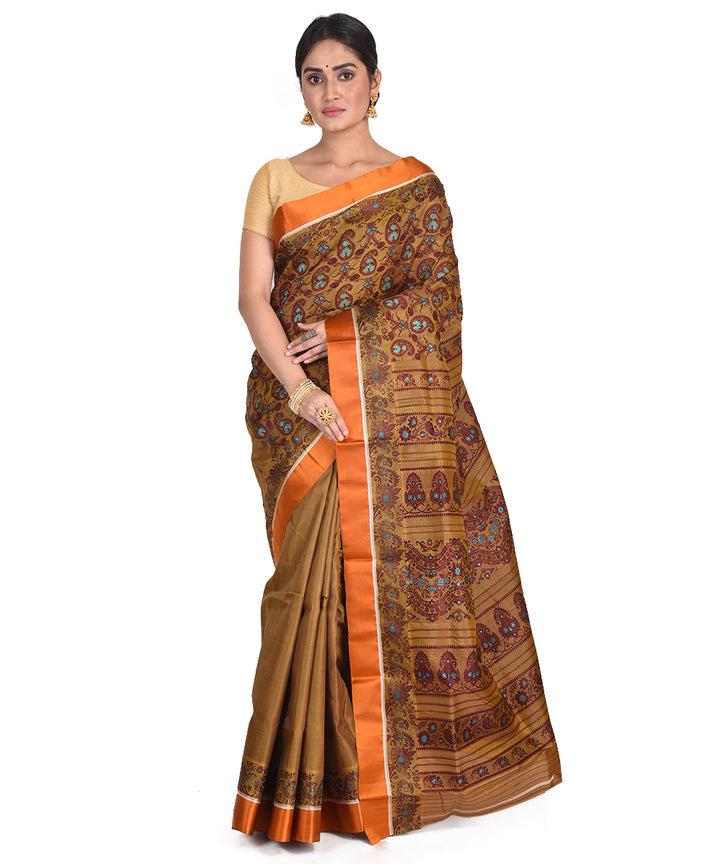 Mustard brown handwoven silk garad bengal sari
