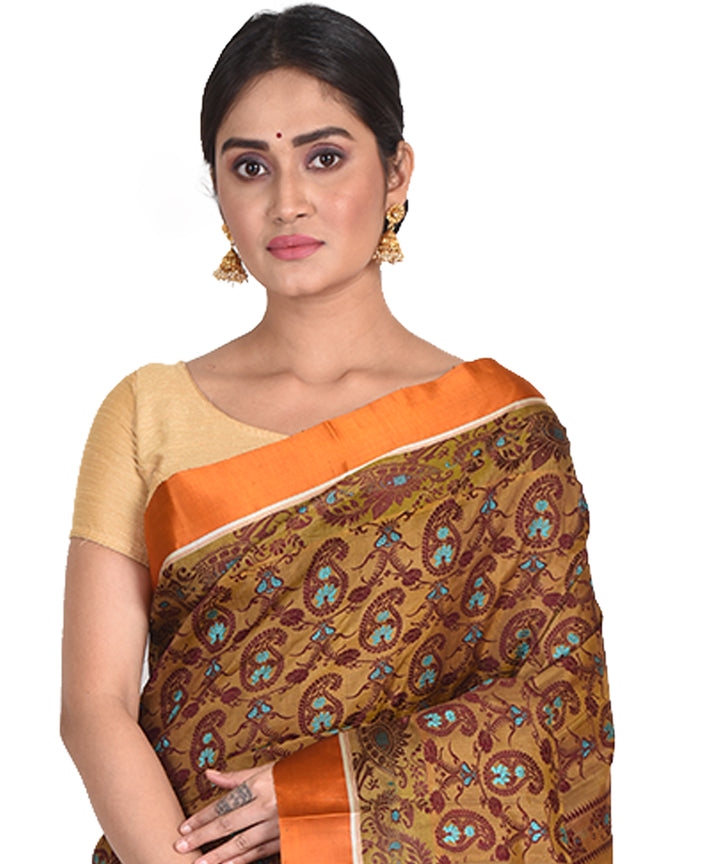Mustard brown handwoven silk garad bengal sari
