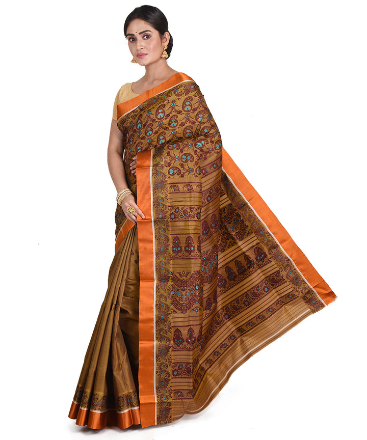 Mustard brown handwoven silk garad bengal sari