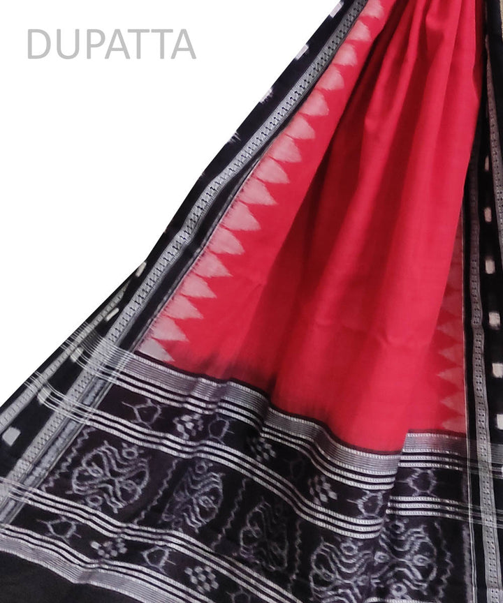Red black handloom double ikat sapta border cotton sambalpuri dupatta