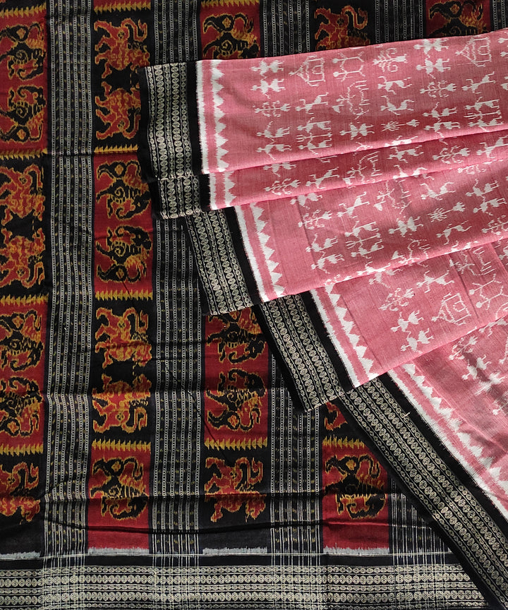 Peach black cotton handwoven sambalpuri saree