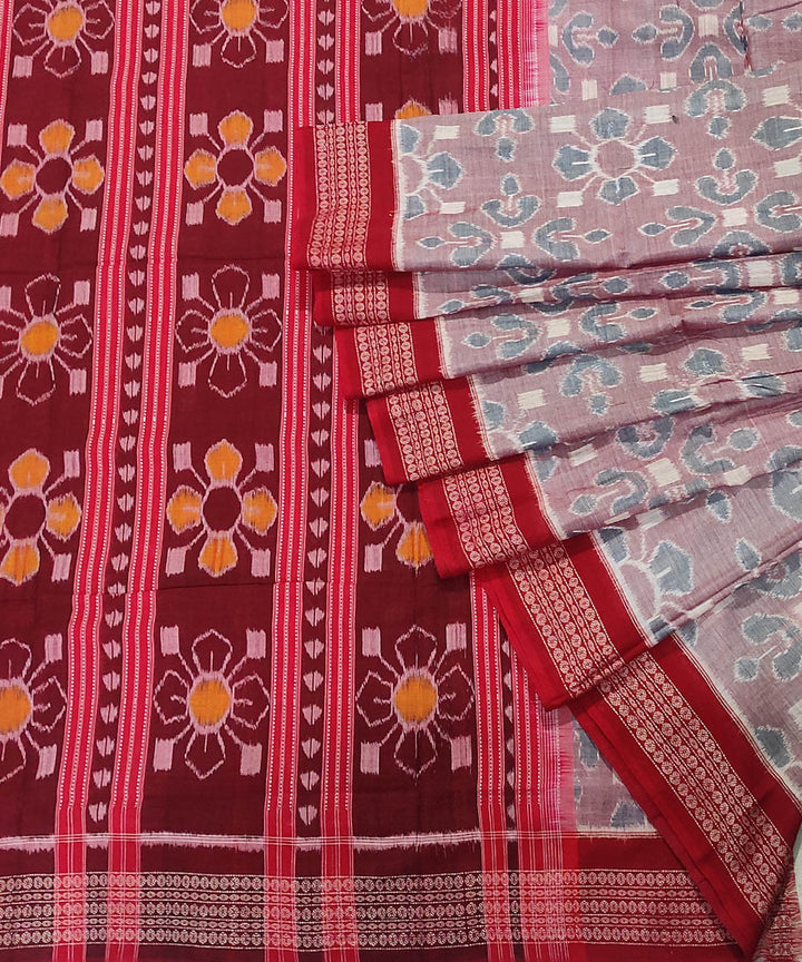 Grey red handwoven cotton sambalpuri saree