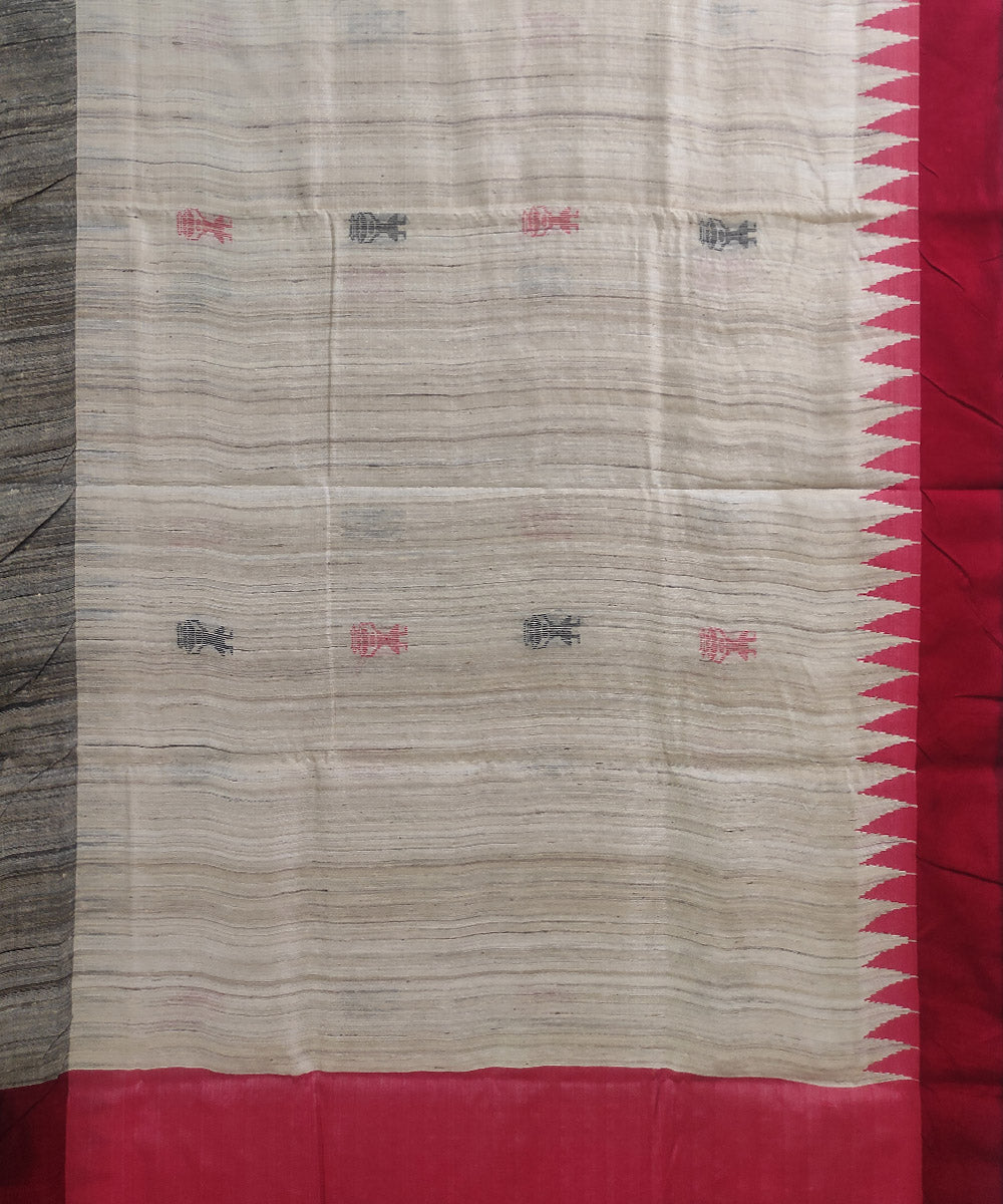 Off white red tussar silk handloom bomkai saree