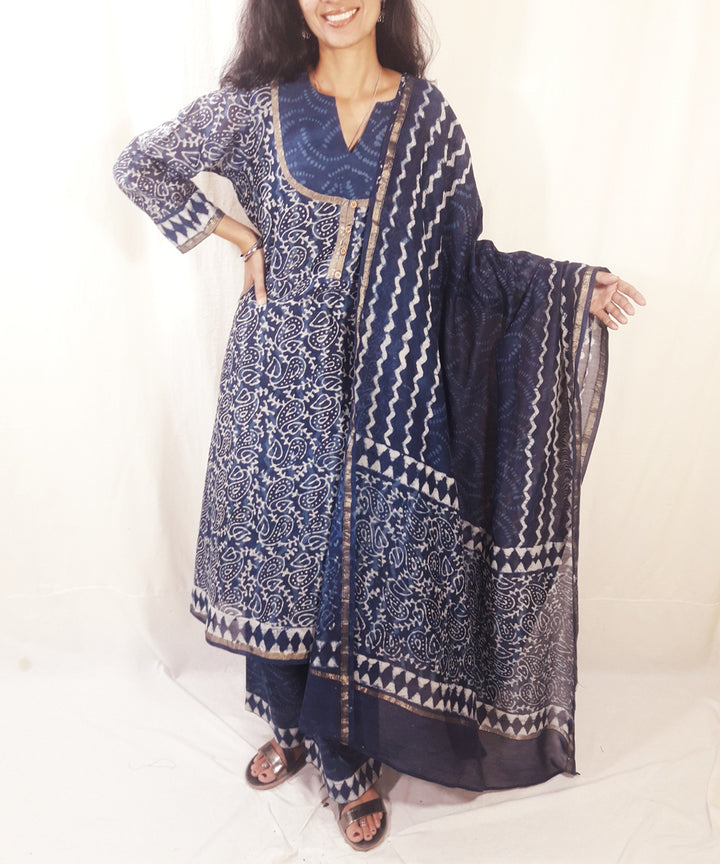 Blue handblock print chanderi silk suit set