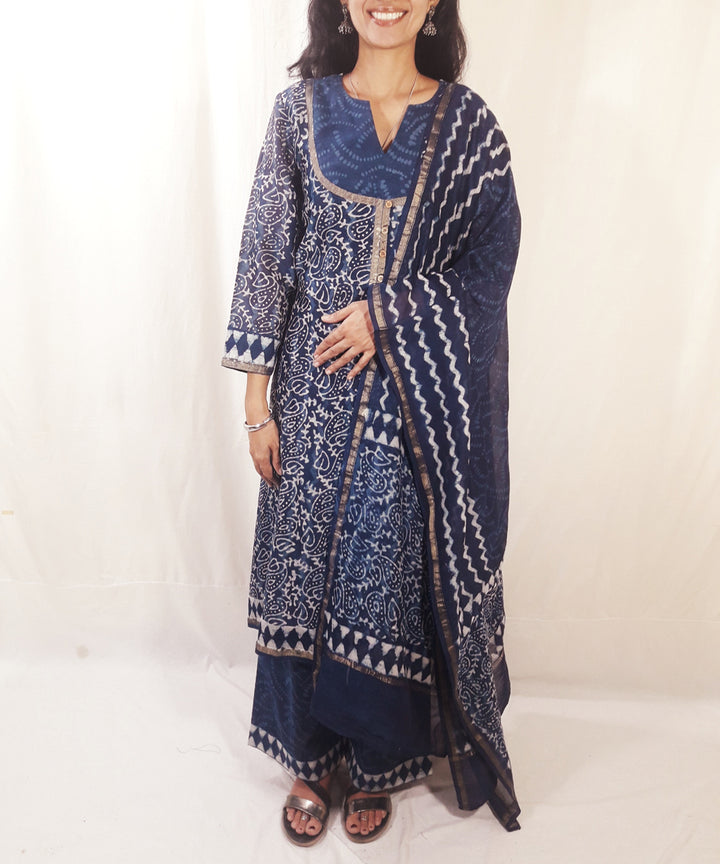 Blue handblock print chanderi silk suit set