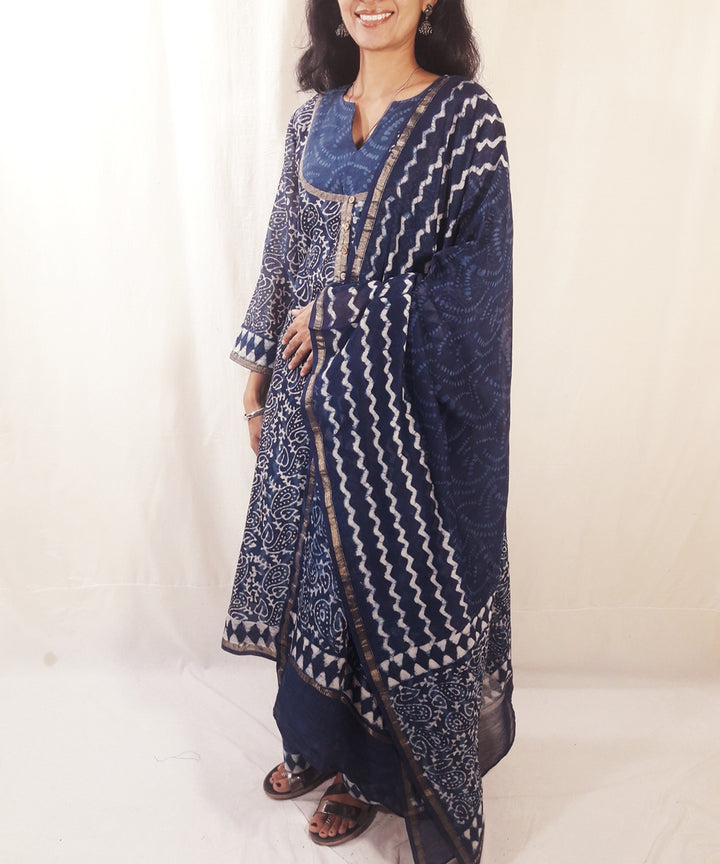 Blue handblock print chanderi silk suit set