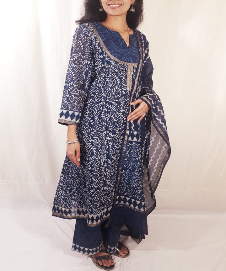 Blue handblock print chanderi silk suit set