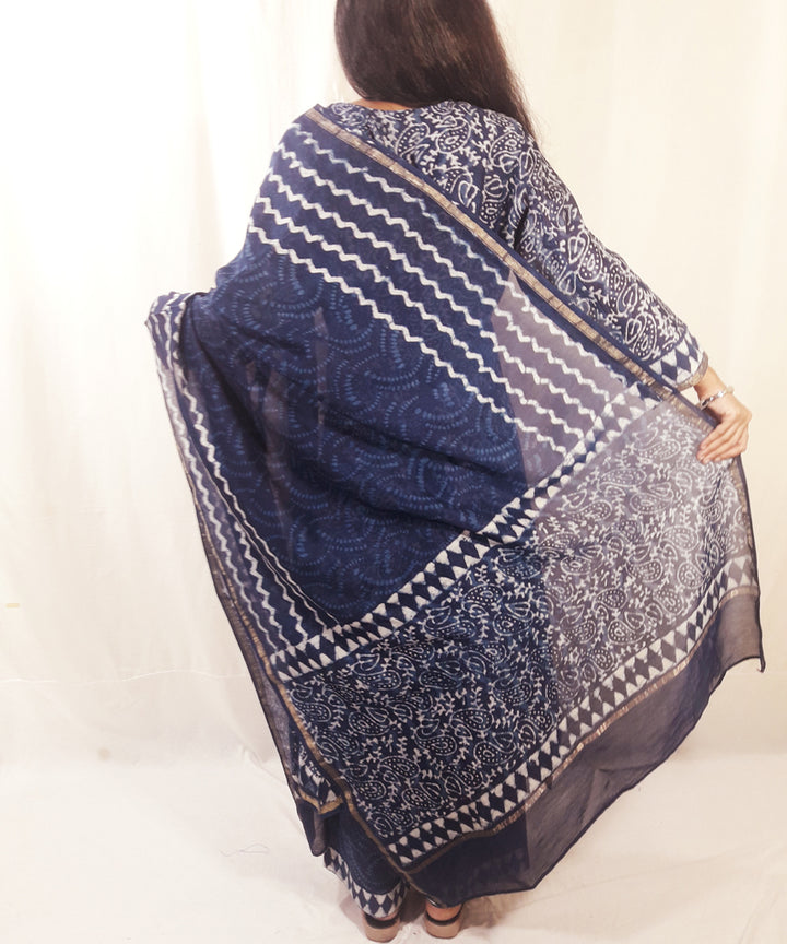 Blue handblock print chanderi silk suit set