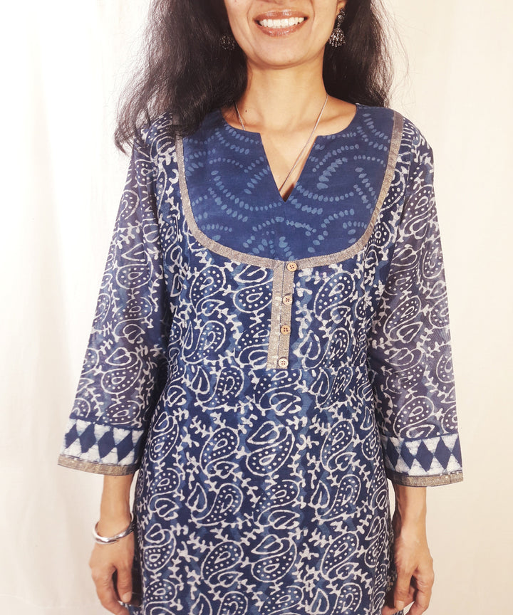 Blue handblock print chanderi silk suit set