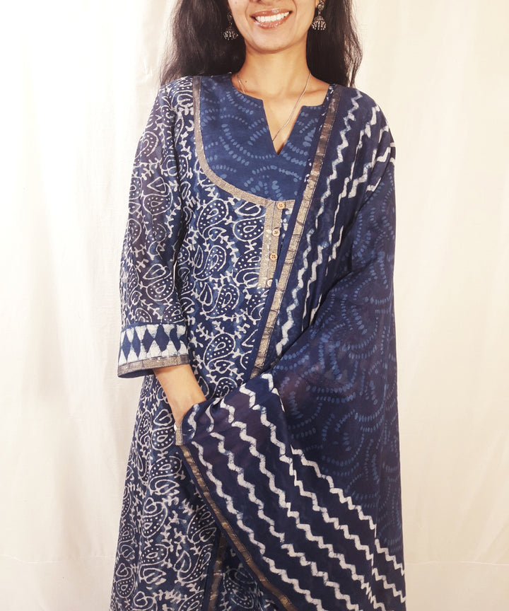Blue handblock print chanderi silk suit set
