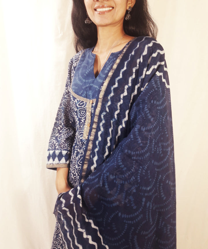 Blue handblock print chanderi silk suit set