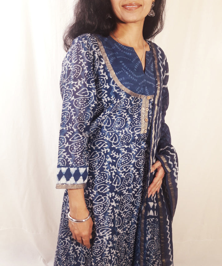 Blue handblock print chanderi silk suit set