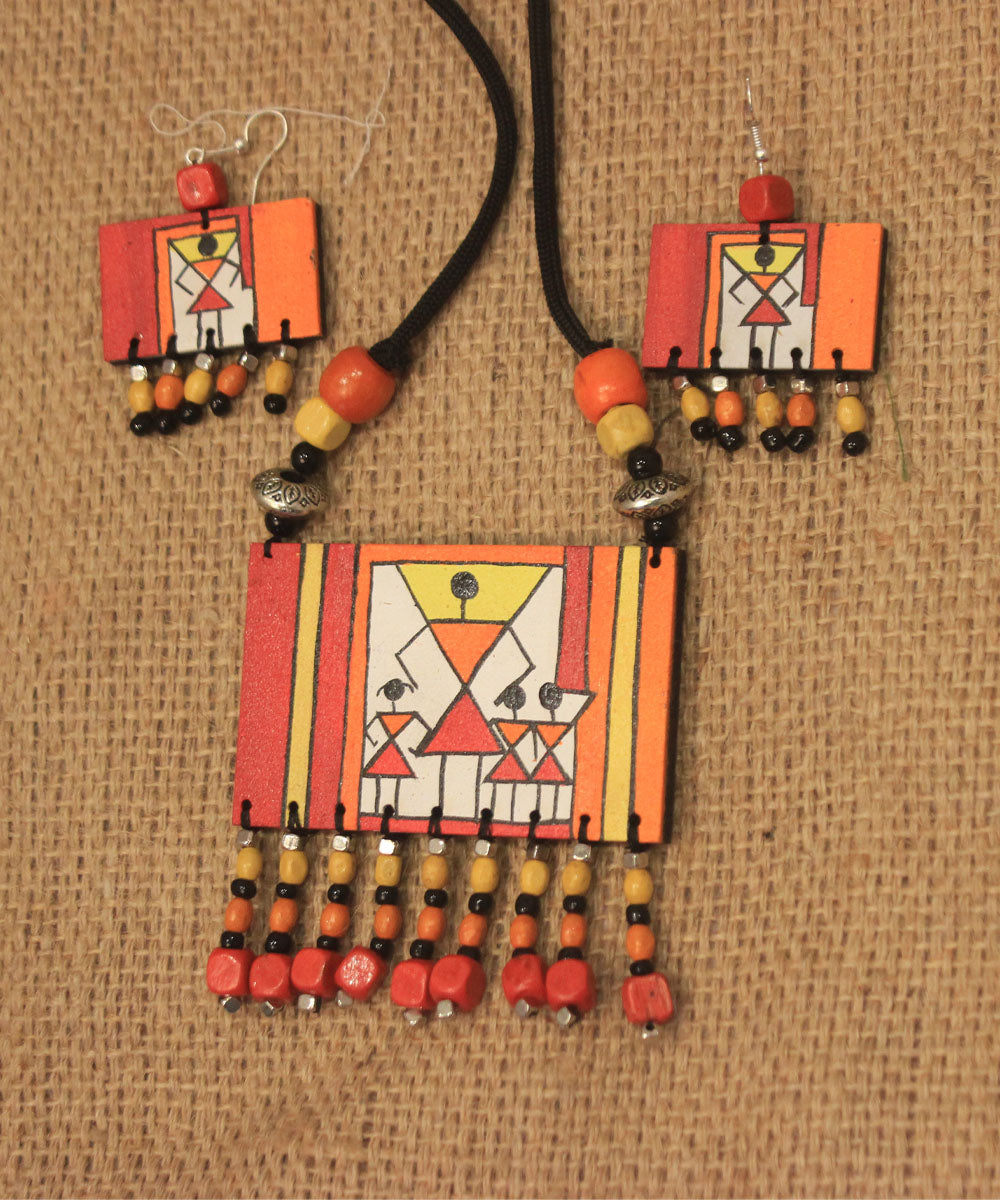 Multicolor hand painted warli art necklace and earring set