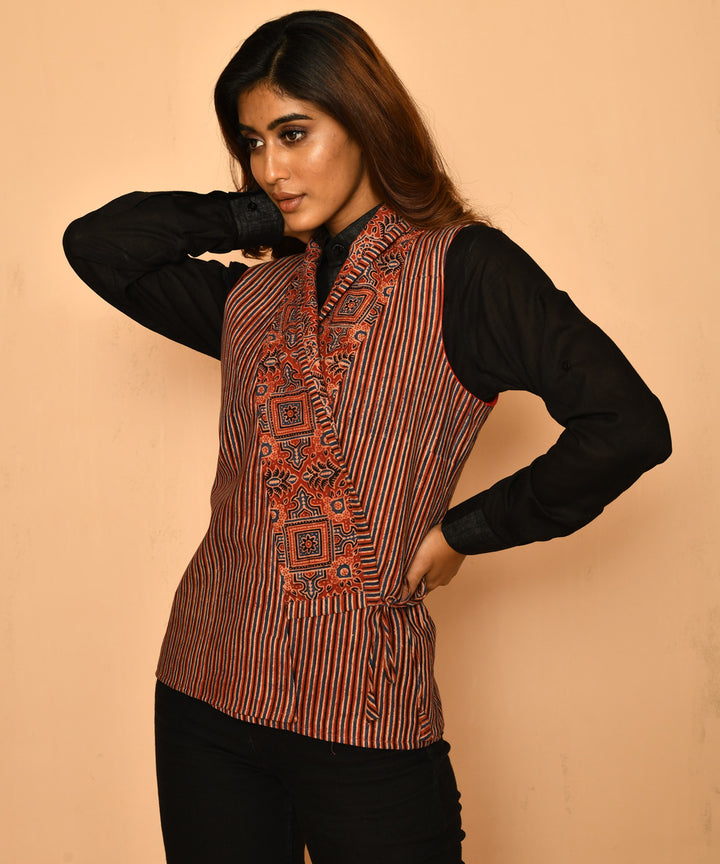 Red cotton ajrakh natural dyed shawl jacket
