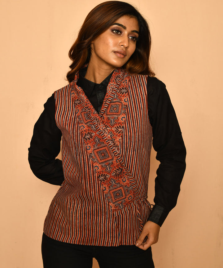 Red cotton ajrakh natural dyed shawl jacket