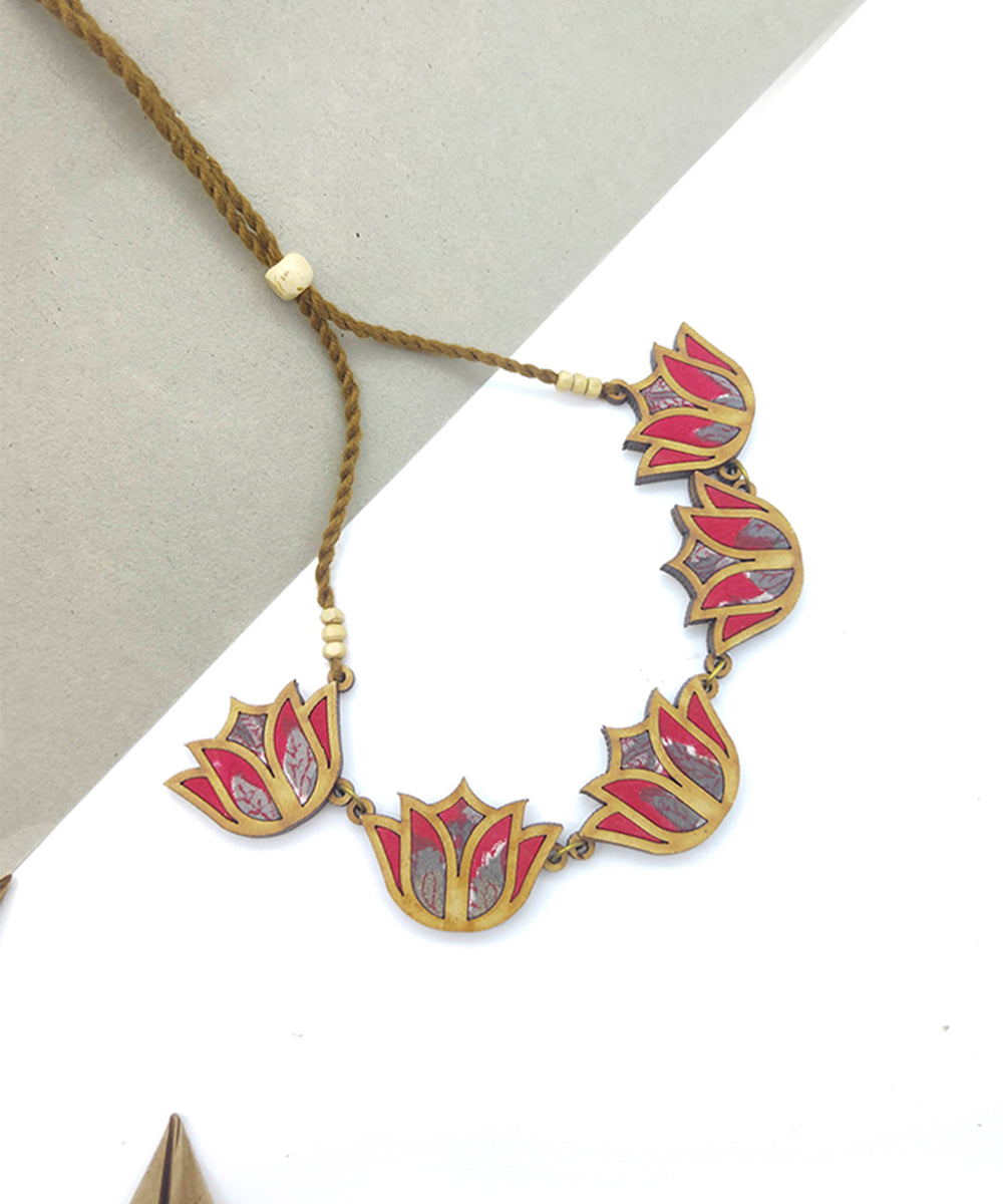 Handcrafted red lotus fabric and wood necklace