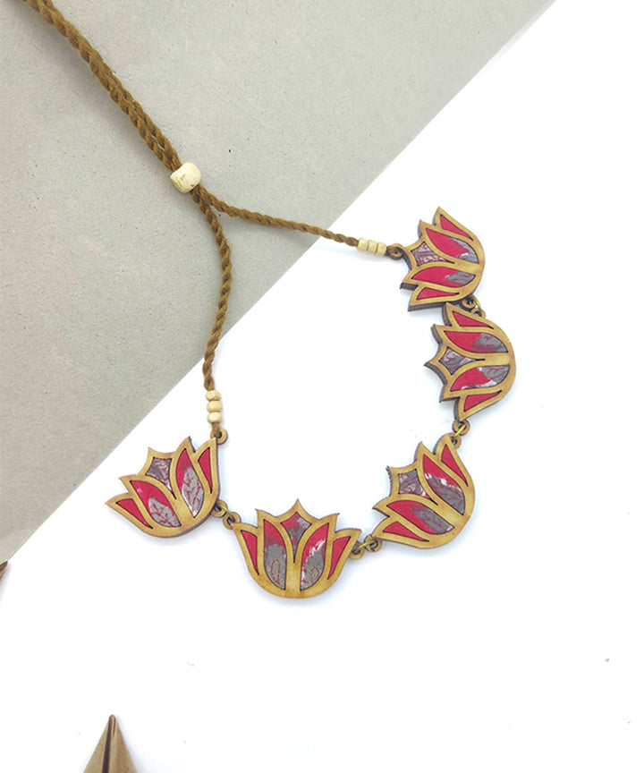 Handcrafted red lotus fabric and wood necklace